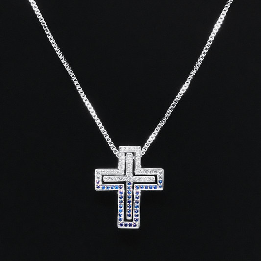 Luxe Cross Box Chain Necklace "Silver × W Blue"