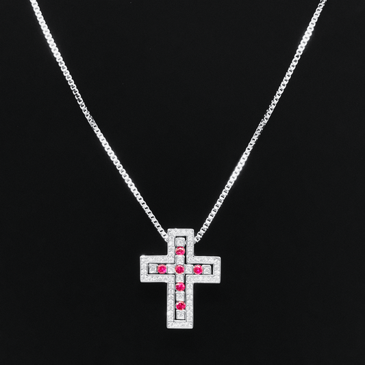Luxe Cross Box Chain Necklace "Silver × Red"