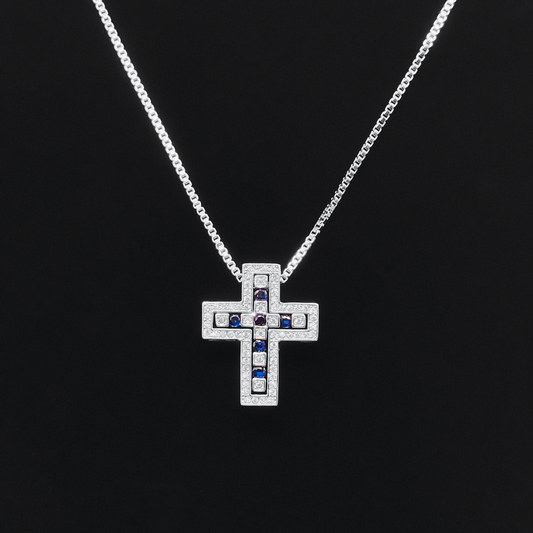 Luxe Cross Box Chain Necklace "Silver × Blue"