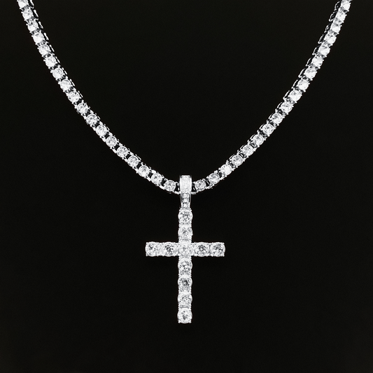 Luxe Cross Ice-Out Tennis Chain Necklace "Silver"