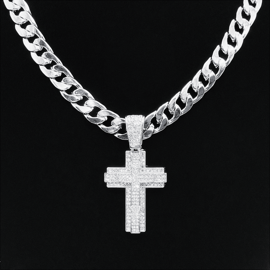 Royal Pavé Cross Cuban Chain Necklace "Silver"