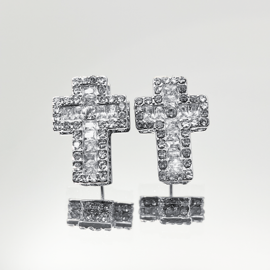 Luxe Cross Ice Stud Earrings【Silver】