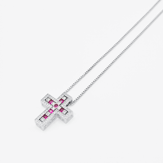 Luxe Cross Box Chain Necklace "Silver × Red"