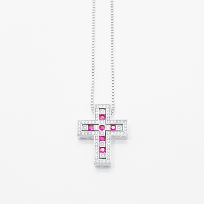 Luxe Cross Box Chain Necklace "Silver × Red"