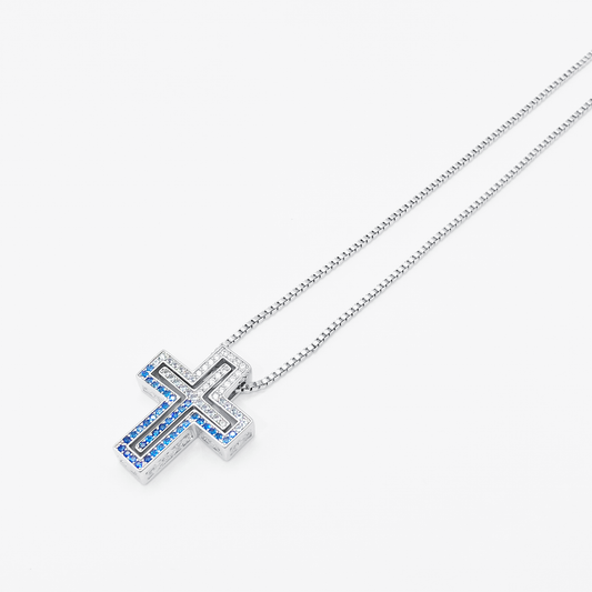 Luxe Cross Box Chain Necklace "Silver × W Blue"