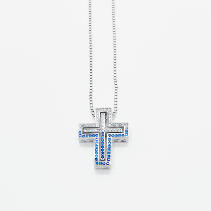 Luxe Cross Box Chain Necklace "Silver × W Blue"