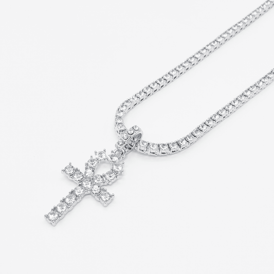 Luxe Ankh Ice-Out Tennis Chain Necklace "Silver"