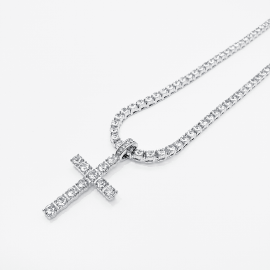 Luxe Cross Ice-Out Tennis Chain Necklace "Silver"