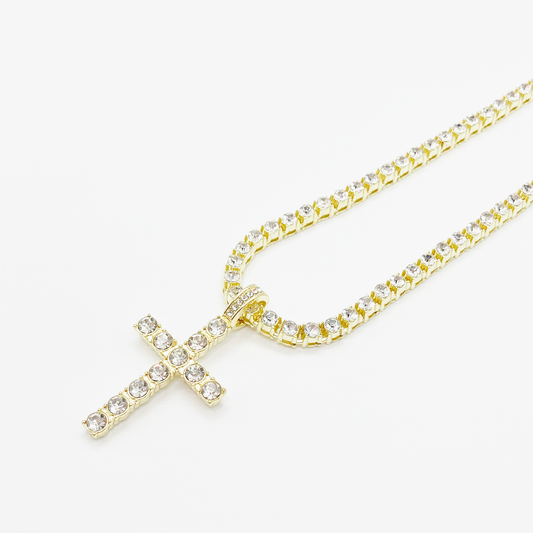 Luxe Cross Ice-Out Tennis Chain Necklace "Gold"
