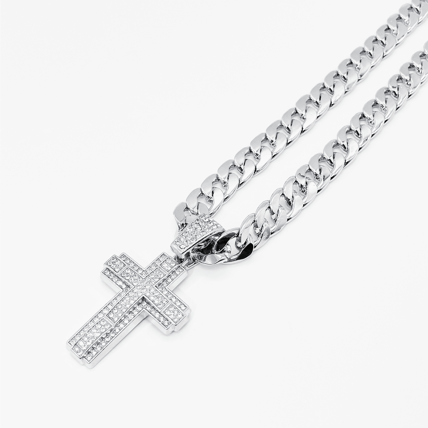 Royal Pavé Cross Cuban Chain Necklace "Silver"