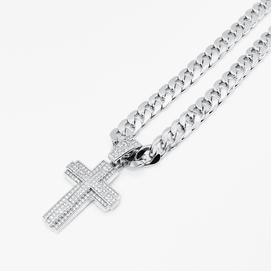 Royal Pavé Cross Cuban Chain Necklace "Silver"