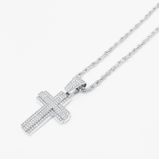 Royal Pavé Cross Rope Chain Necklace "Silver"