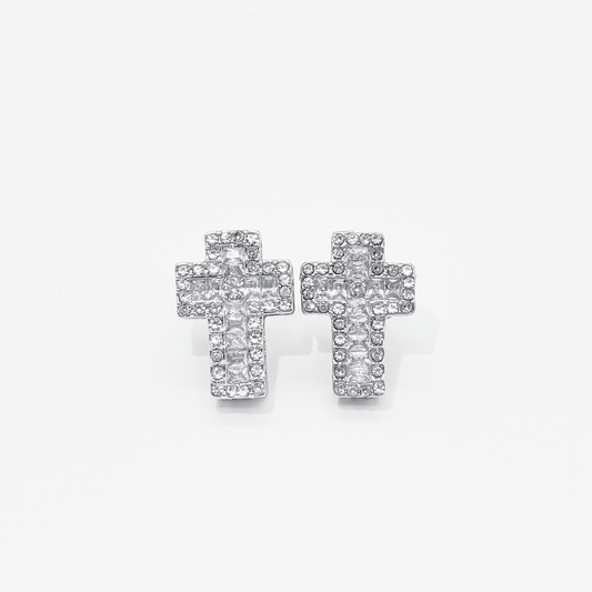 Luxe Cross Ice Stud Earrings【Silver】